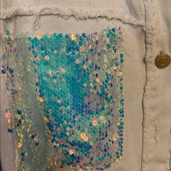 L/C Lizette Collection Light Blue Denim Jacket with Aqua and Iridescent Sequins - Picture 3 of 10